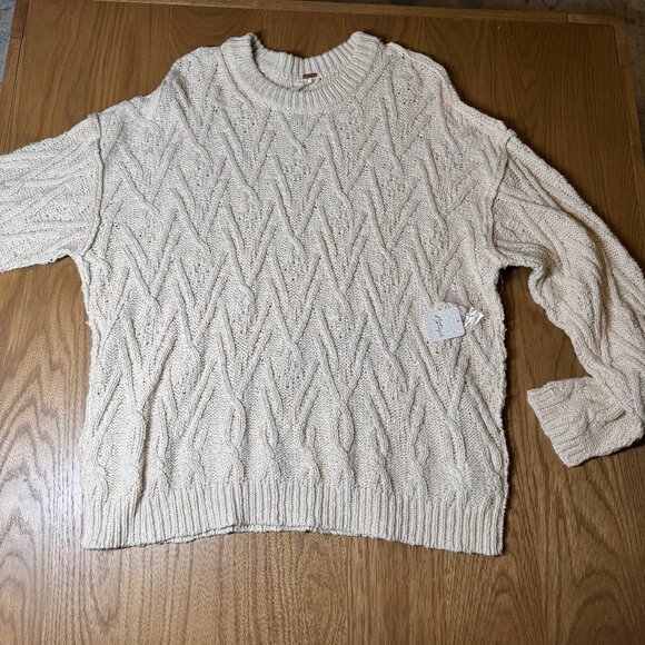 NWT Free People Cable Knit Sweater in Tea Cream Beige – Women’s Large - Picture 2 of 7